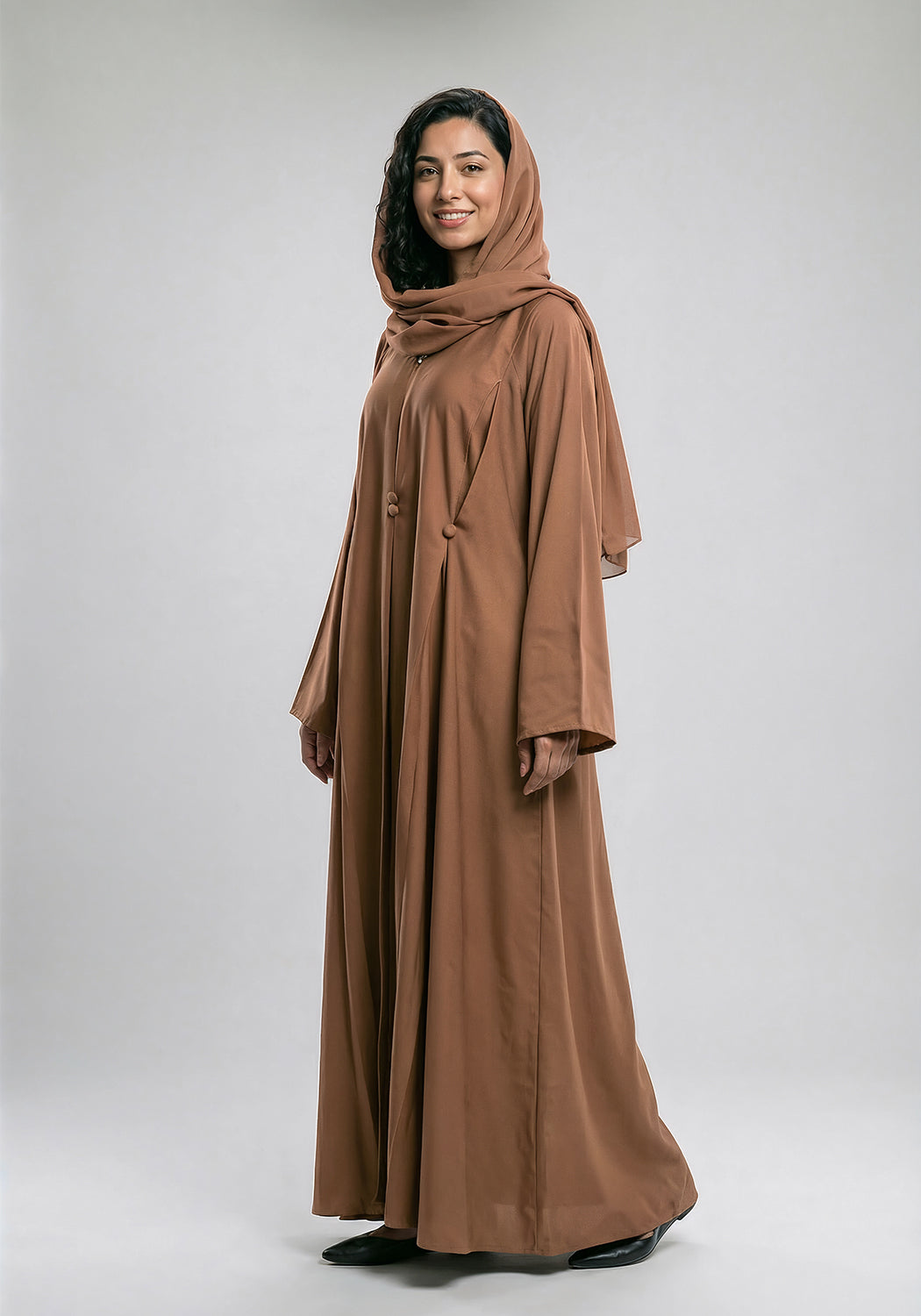 Free Size Pleated Button Abaya - Fawn