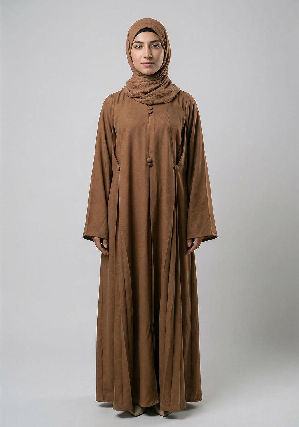 Free Size Pleated Button Abaya - Fawn