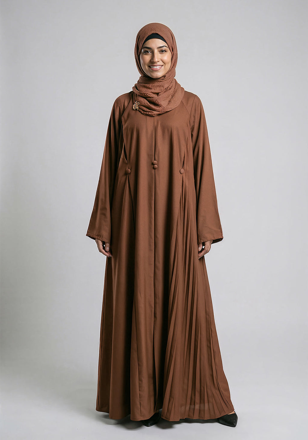 Free Size Pleated Button Abaya - Fawn