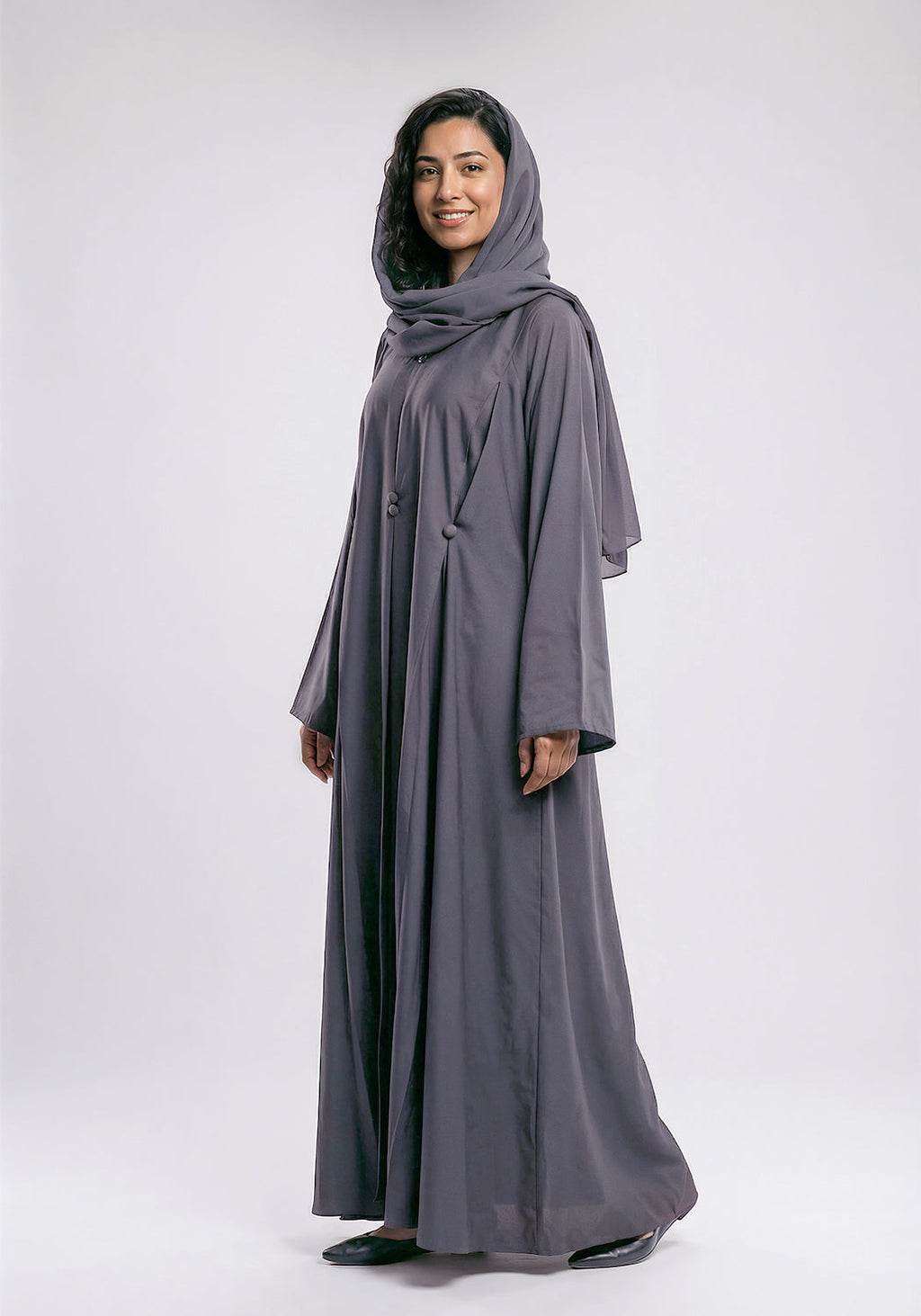 Free Size Pleated Button Abaya - Grey