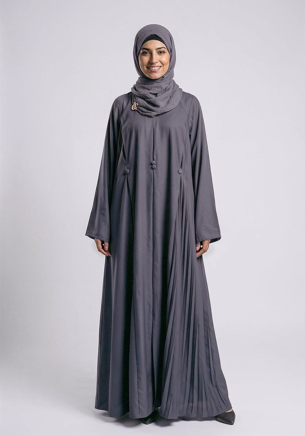 Free Size Pleated Button Abaya - Grey