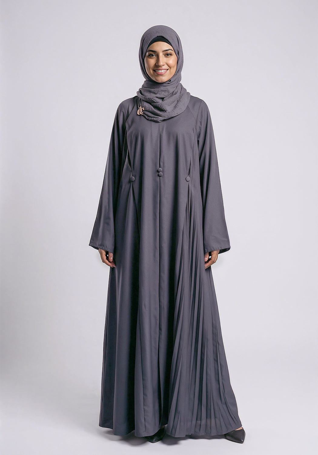 Free Size Pleated Button Abaya - Grey