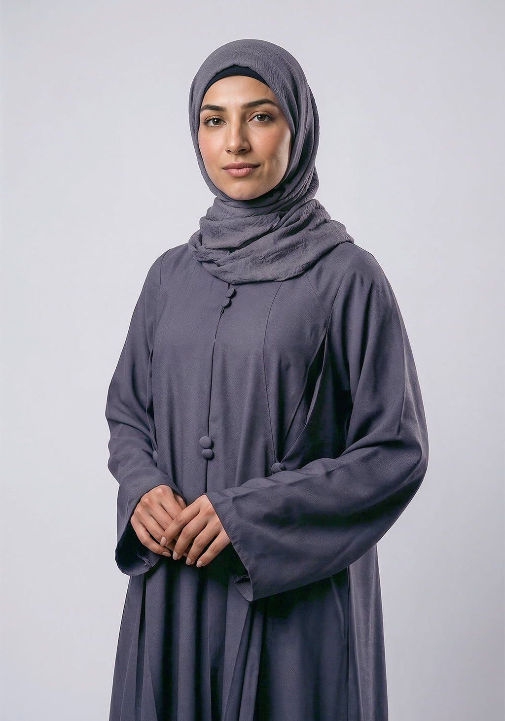 Free Size Pleated Button Abaya - Grey