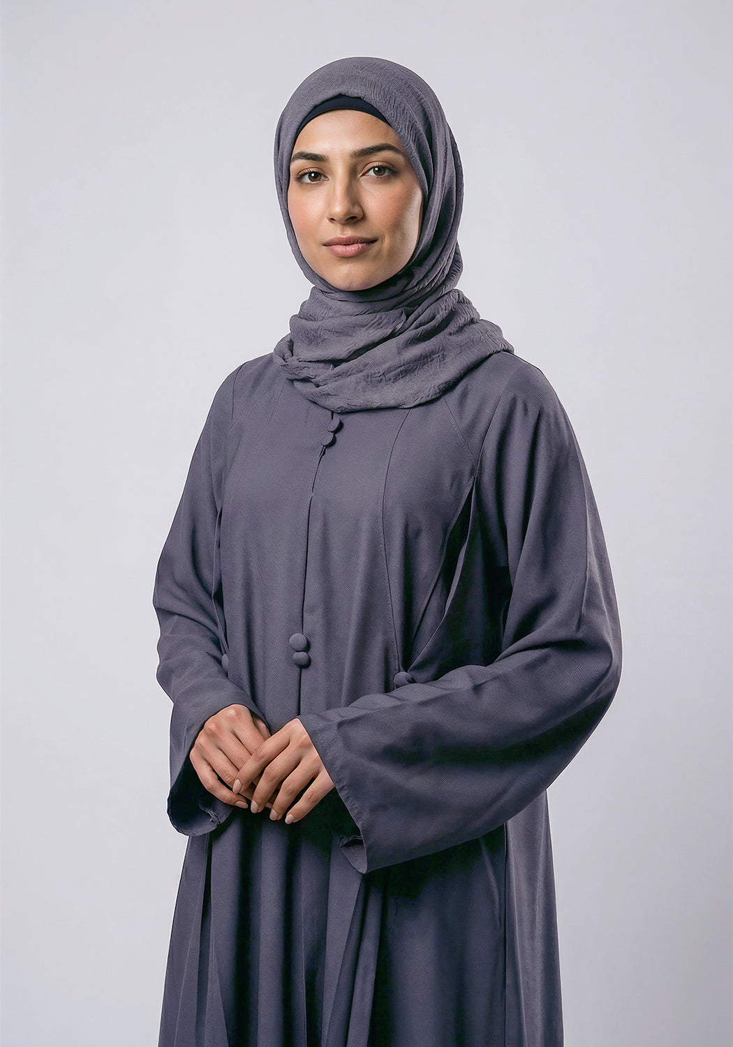 Free Size Pleated Button Abaya - Grey