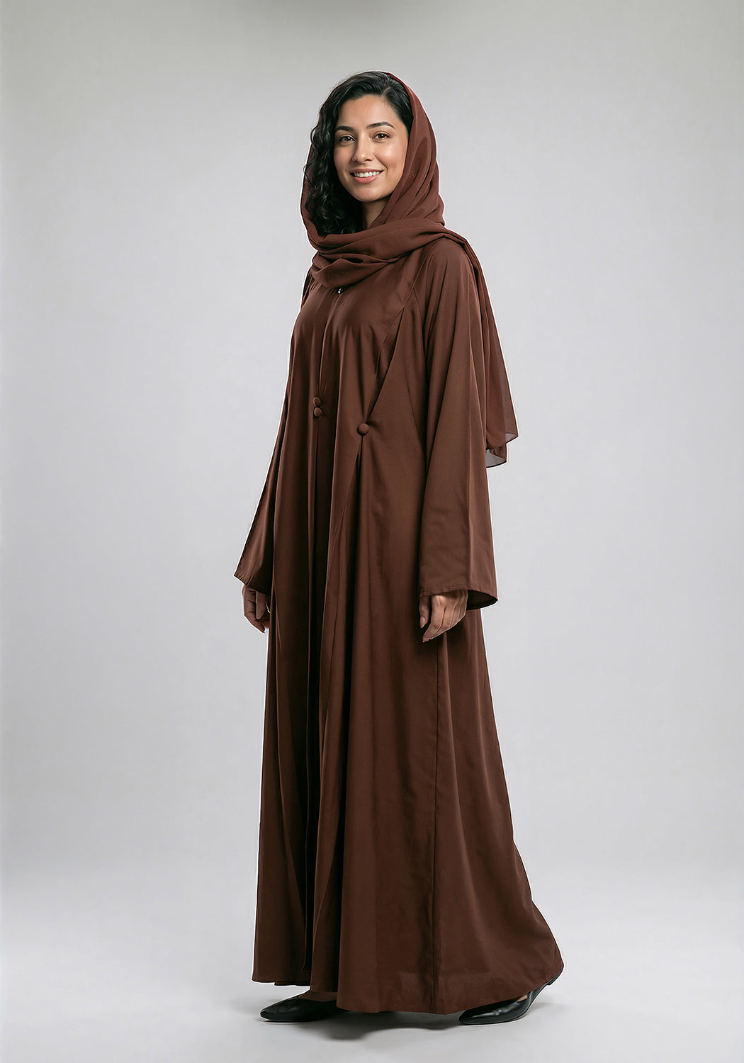 Free Size Pleated Button Abaya - Brown