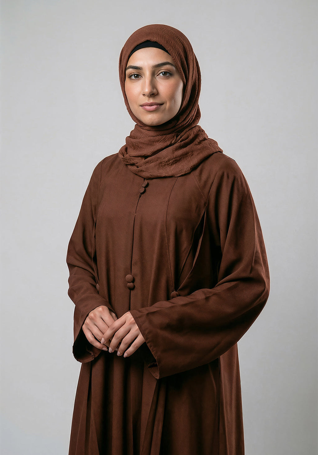 Free Size Pleated Button Abaya - Brown