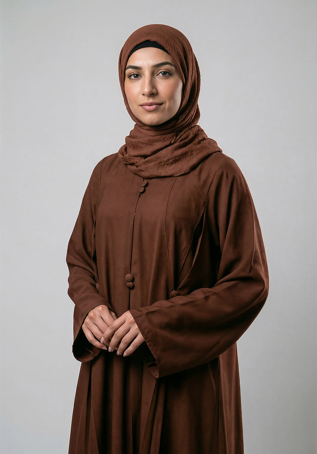 Free Size Pleated Button Abaya - Brown