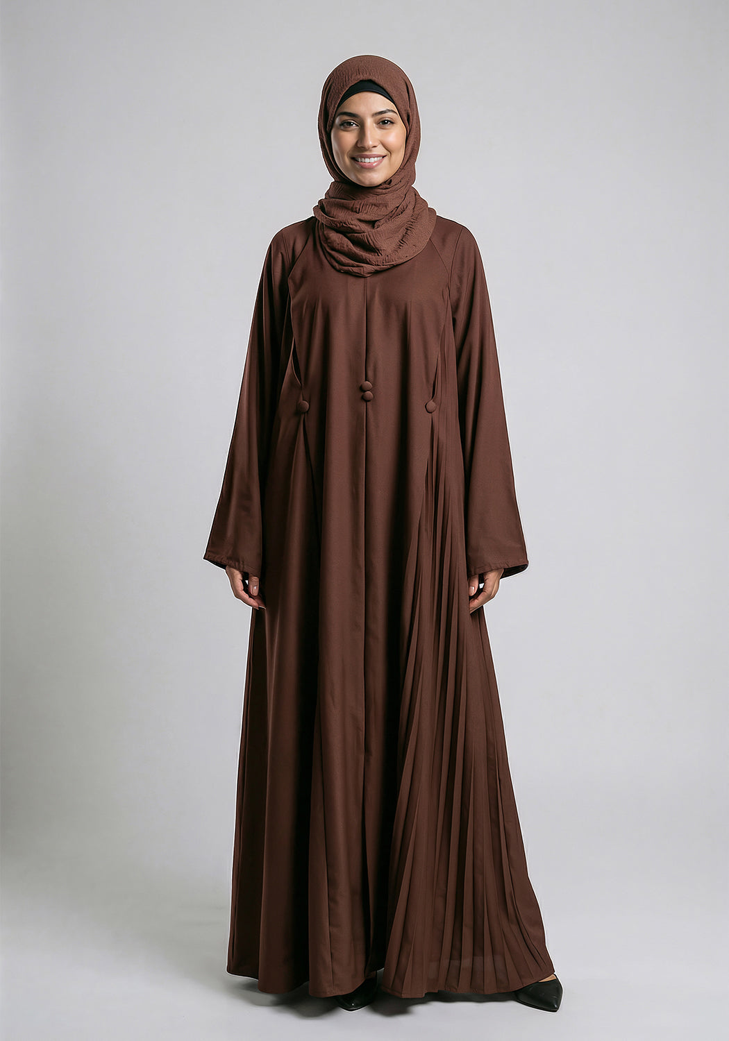 Free Size Pleated Button Abaya - Brown