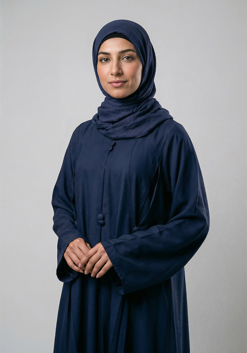Free Size Pleated Button Abaya - Navy Blue