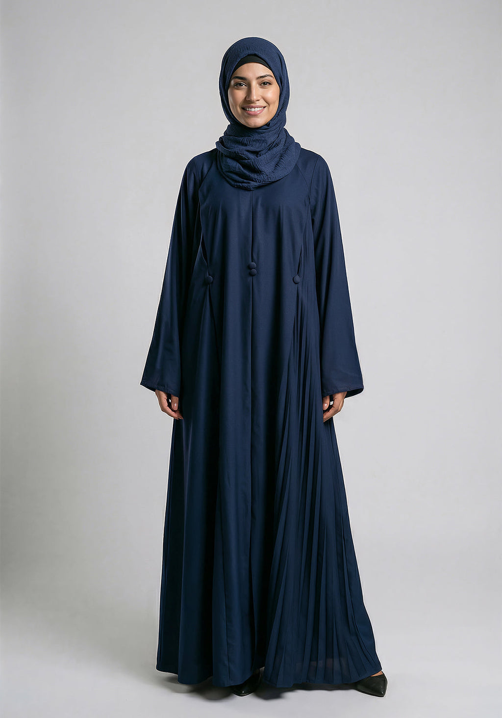 Free Size Pleated Button Abaya - Navy Blue