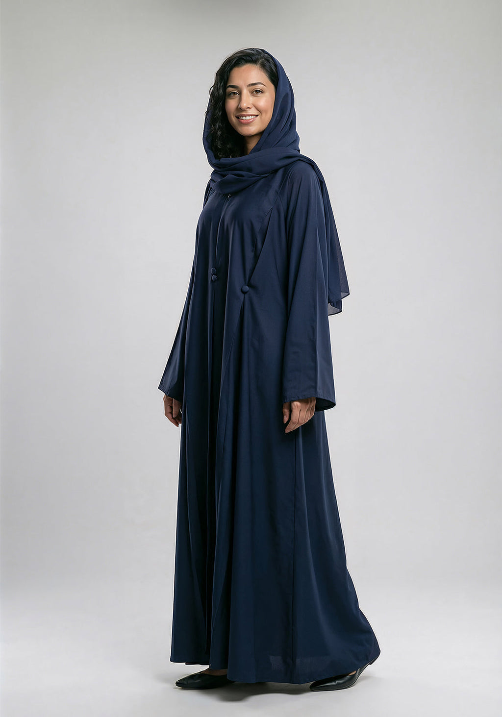 Free Size Pleated Button Abaya - Navy Blue