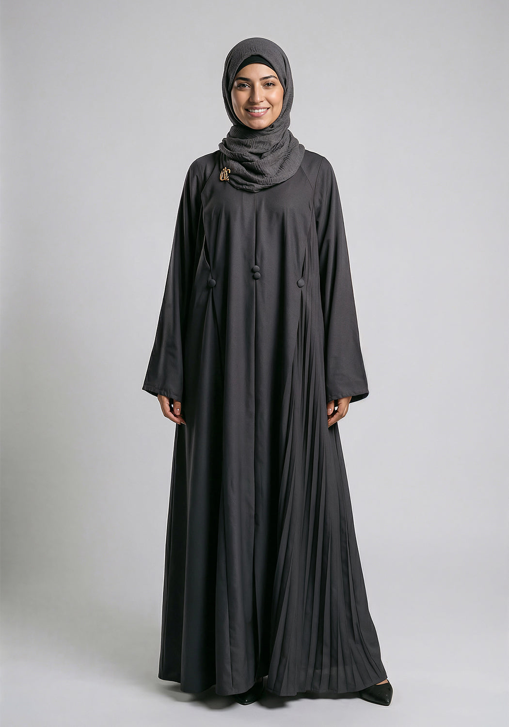 Free Size Pleated Button Abaya - Charcole