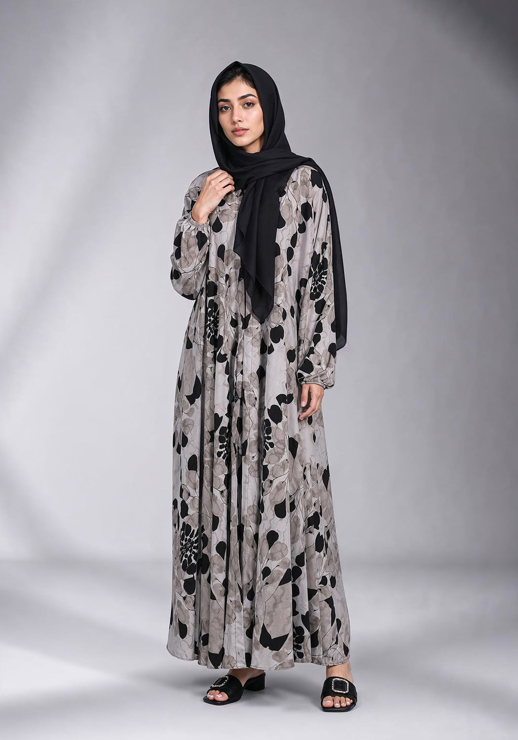 Black Grey Printed Abaya
