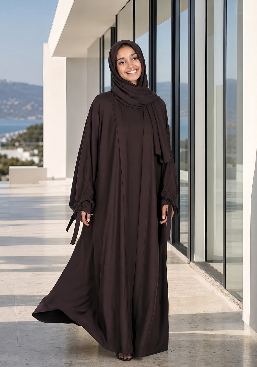 Double Layered Abaya Set - Brown