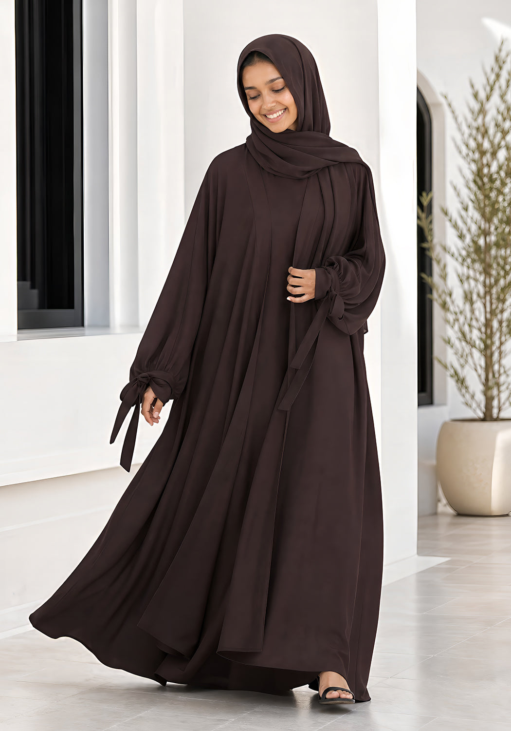 Double Layered Abaya Set - Brown