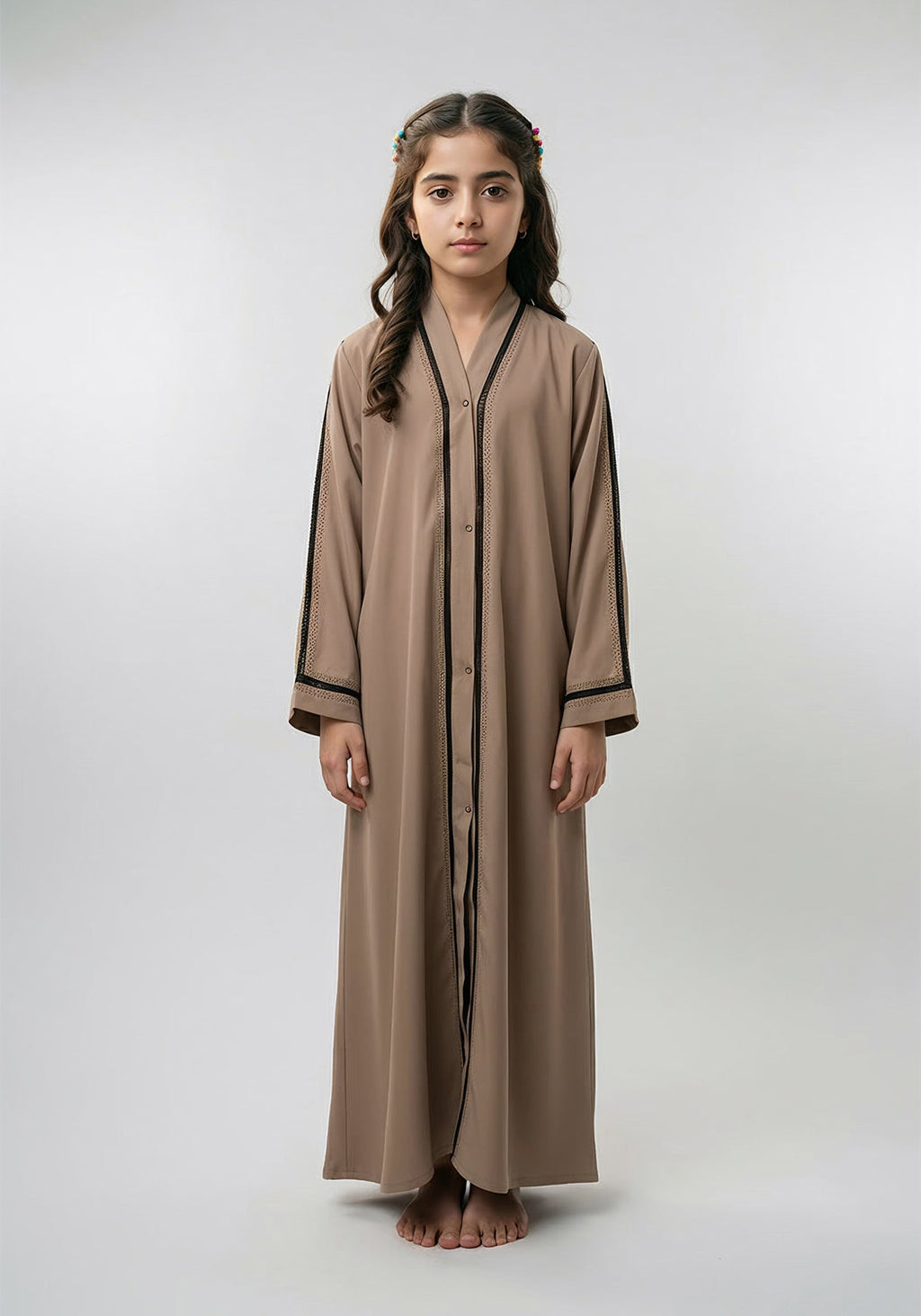 Fancy Kids Front Open Abaya Fawn