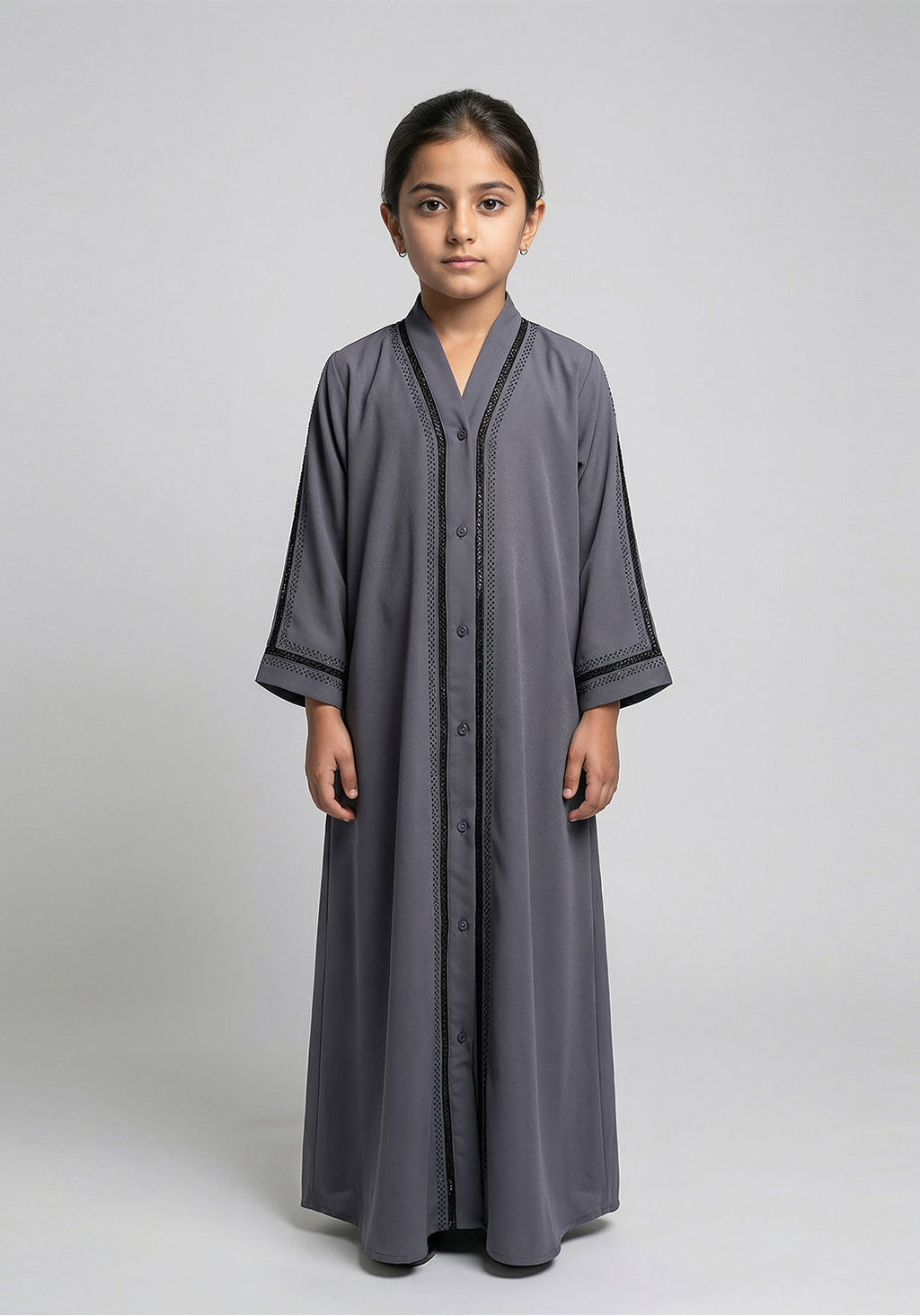 Fancy Kids Front Open Abaya Grey