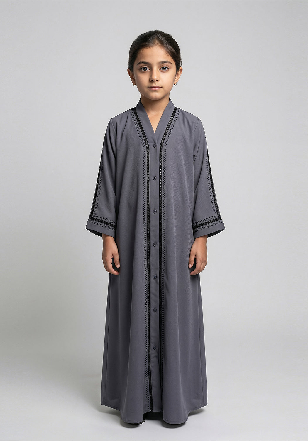 Fancy Kids Front Open Abaya Grey